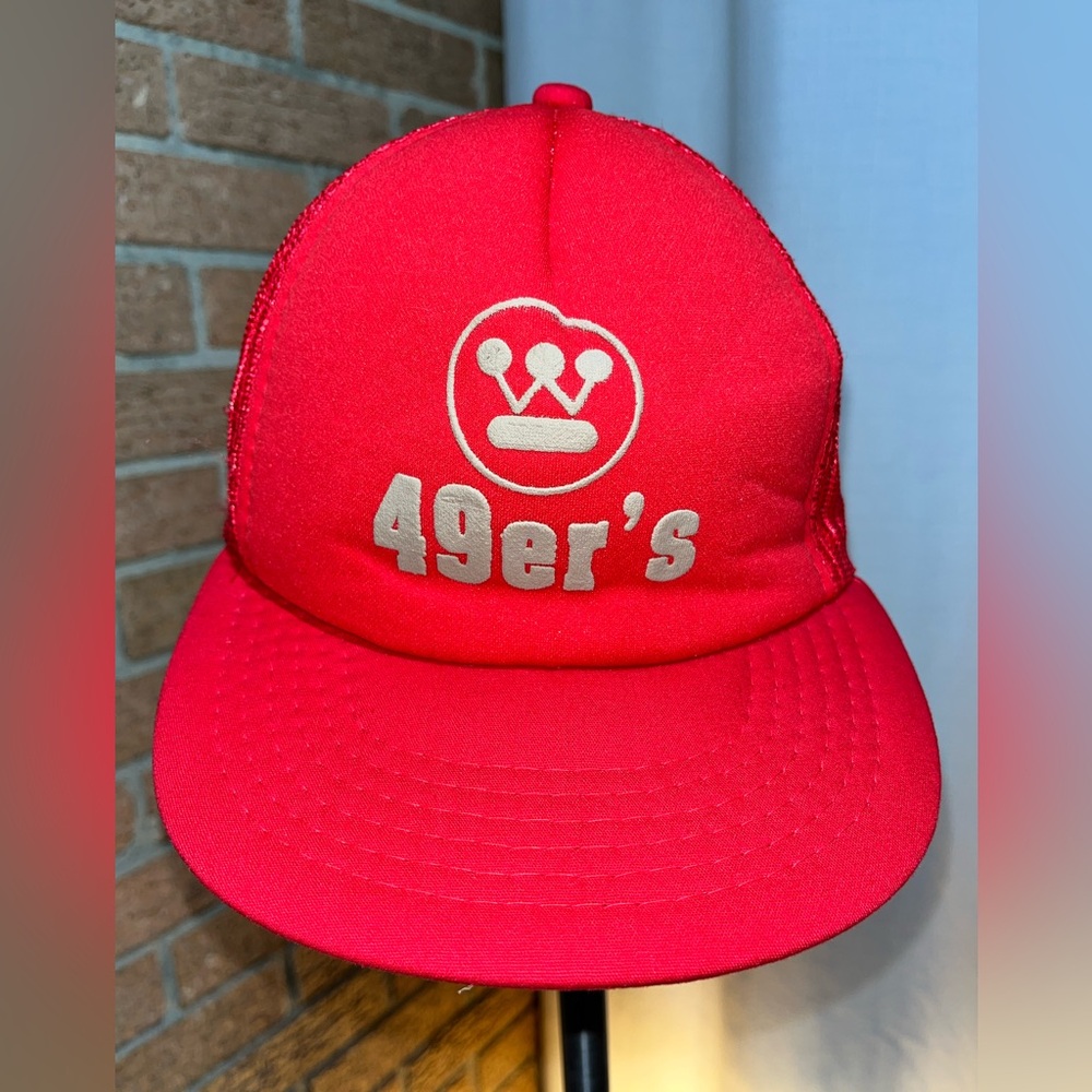 Vintage 80s 49ers Snapback Hat Red Mesh Trucker Cap NFL Style